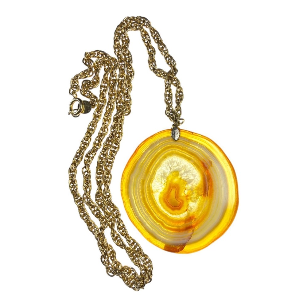 Vintage Accessocraft NYC Amber Agate Slice Pendant Necklace Signed Gold Tone